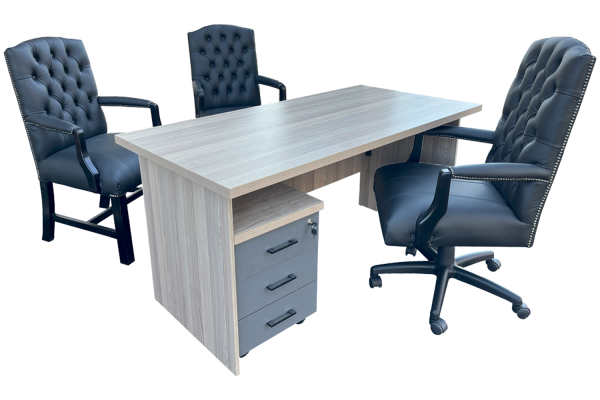5 Piece Office Set Special (IQ Desk 1500, 1 Empire executive black genuine leather button chair, 2 Empire black genuine leather arm chairs & Mobile pedestal) Aged Oak