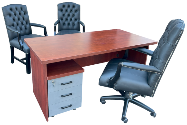 5 Piece Office Set Special (IQ Desk 1500, 1 Empire executive black genuine leather button chair, 2 Empire black genuine leather arm chairs & Mobile pedestal) Royal Mahogany