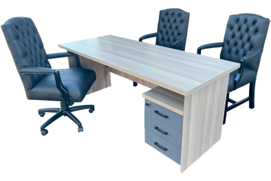 5 Piece Office Set Special (IQ Desk 1800, 1 Empire executive black genuine leather button chair, 2 Empire black genuine leather arm chairs & Mobile pedestal) Aged Oak