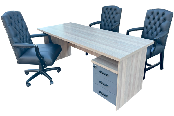 5 Piece Office Set Special (IQ Desk 1800, 1 Empire executive black genuine leather button chair, 2 Empire black genuine leather arm chairs & Mobile pedestal) Aged Oak