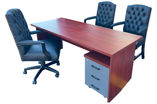 5 Piece Office Set Special (IQ Desk 1800, 1 Empire executive black genuine leather button chair, 2 Empire black genuine leather arm chairs & Mobile pedestal) Royal Mahogany