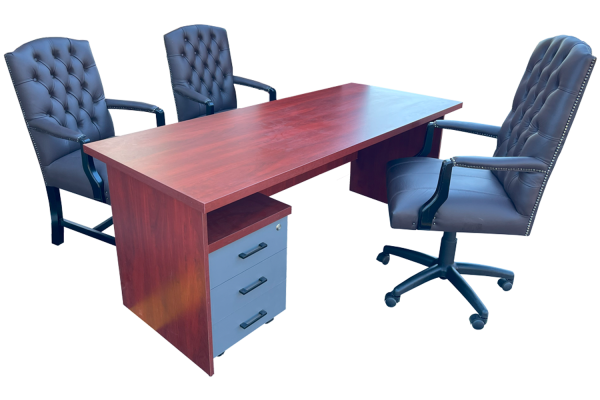 5 Piece Office Set Special (IQ Desk 1800, 1 Empire executive brown genuine leather button chair, 2 Empire brown genuine leather arm chairs & Mobile pedestal) Royal Mahogany