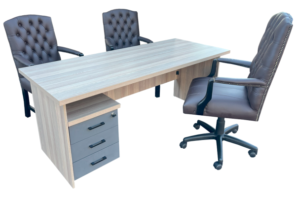 5 Piece Office Set Special (IQ Desk 1800, 1 Empire executive brown genuine leather button chair, 2 Empire brown genuine leather arm chairs & Mobile pedestal) Aged Oak