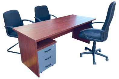 5 Piece Office Set Special (IQ Desk 1800, 1 Mono High back Chair, 2 Mono Visitors Chairs & IQ Mobile Pedestal) Royal Mahogany