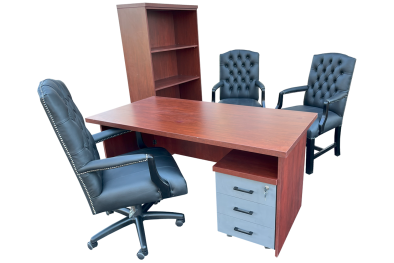 6 Piece Office Set Special (IQ Desk 1500, 1 Empire executive black genuine leather button chair, 2 Empire black genuine leather arm chairs, IQ Bookcase & Mobile pedestal) Royal Mahogany
