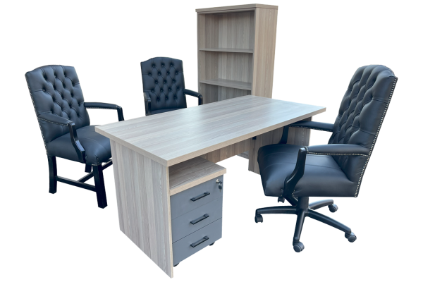 6 Piece Office Set Special (IQ Desk 1500, 1 Empire executive black leather button chair, 2 Empire black genuine leather arm chairs, Bookcase & Mobile pedestal) Aged Oak