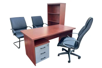 6 Piece Office Set Special (IQ Desk 1500, 1 Future High Back Chair, 2 Future Visitors Chairs, Bookcase & IQ Mobile Pedestal) Royal Mahogany