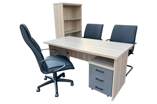 6 Piece Office Set Special (IQ Desk 1500, 1 Future High back chair, 2 Future Visitors chairs, Bookcase & Mobile pedestal) Aged Oak