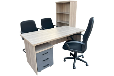 6 Piece Office Set Special (IQ Desk 1500, 1 Mono High back Chair, 2 Mono Visitors Chairs, Bookcase & IQ Mobile Pedestal) Aged Oak