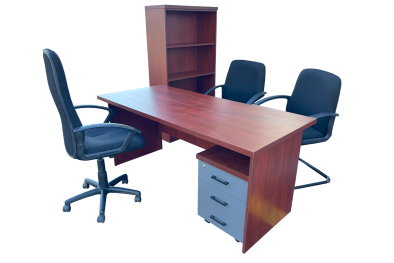 6 Piece Office Set Special (IQ Desk 1500, 1 Mono High back Chair, 2 Mono Visitors Chairs, Bookcase & IQ Mobile Pedestal) Royal Mahogany