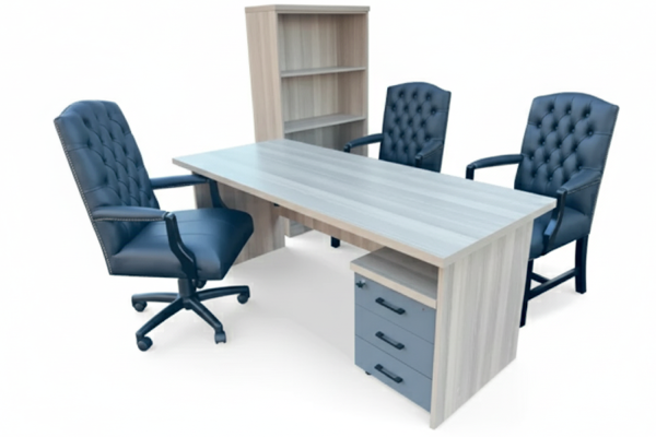 6 Piece Office Set Special (IQ Desk 1800, 1 Empire executive black leather button chair, 2 Empire black genuine leather arm chairs, Bookcase & Mobile pedestal) Aged Oak