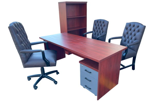 6 Piece Office Set Special (IQ Desk 1800, 1 Empire executive brown genuine leather button chair, 2 Empire brown genuine leather arm chairs, Bookcase & Mobile pedestal) Royal Mahogany