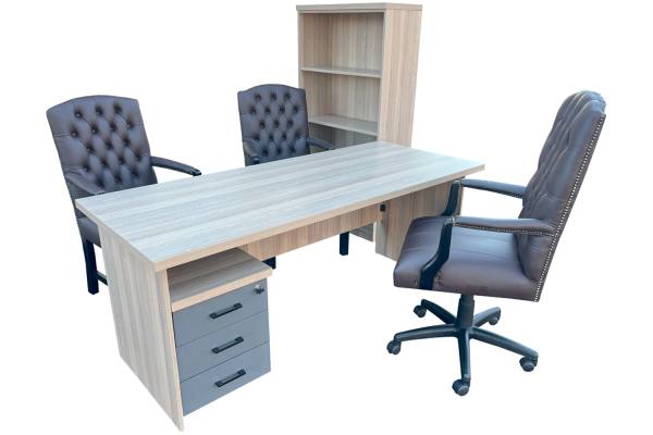 6 Piece Office Set Special (IQ Desk 1800, 1 Empire executive brown leather button chair, 2 Empire brown genuine leather arm chairs, Bookcase & Mobile pedestal) Aged Oak
