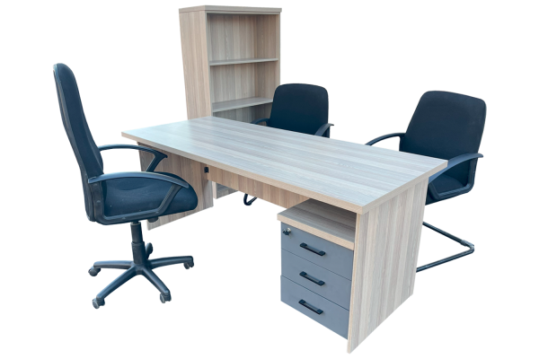 6 Piece Office Set Special (IQ Desk 1800, 1 Mono High back Chair, 2 Mono Visitors Chairs, Bookcase & IQ Mobile Pedestal) Aged Oak
