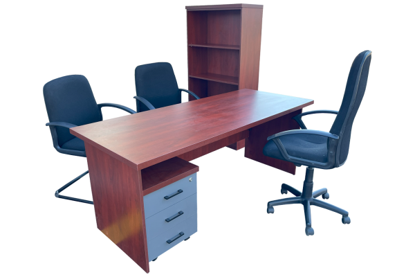 6 Piece Office Set Special (IQ Desk 1800, 1 Mono High back Chair, 2 Mono Visitors Chairs, Bookcase & IQ Mobile Pedestal) Royal Mahogany