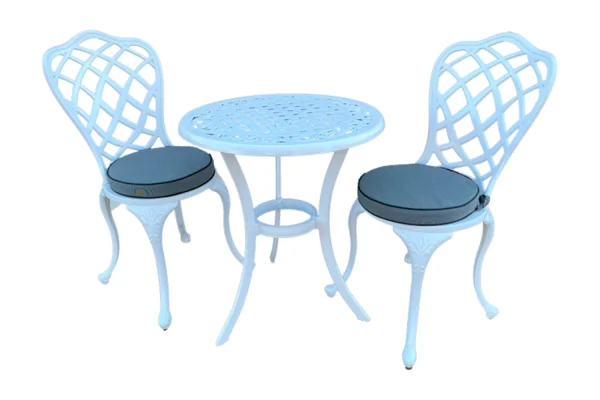 Aluminium Coral 2 Seater White Dining Set Special Round 600mm with Charcoal Cushions