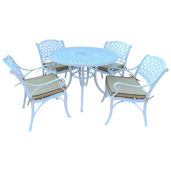 Aluminium Cottage 4 Seater Dining Set White 1000mm Round with Beige Cushions