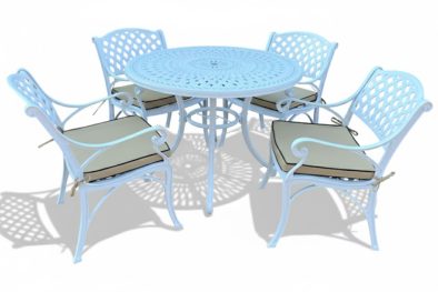 Aluminium Cottage 4 Seater White Dining Set Special 1000mm Round with Beige Cushions