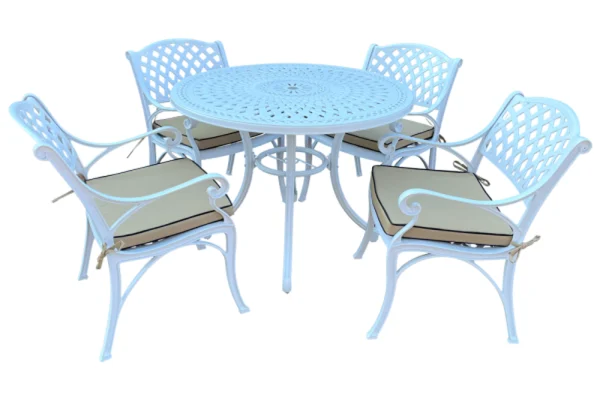 Aluminium Cottage 4 Seater White Dining Set Special 1000mm Round with Beige Cushions