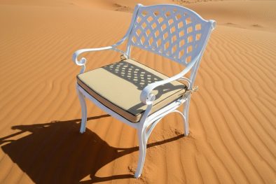 Aluminium-Atlas-Dining-Chair-White with beige cushion