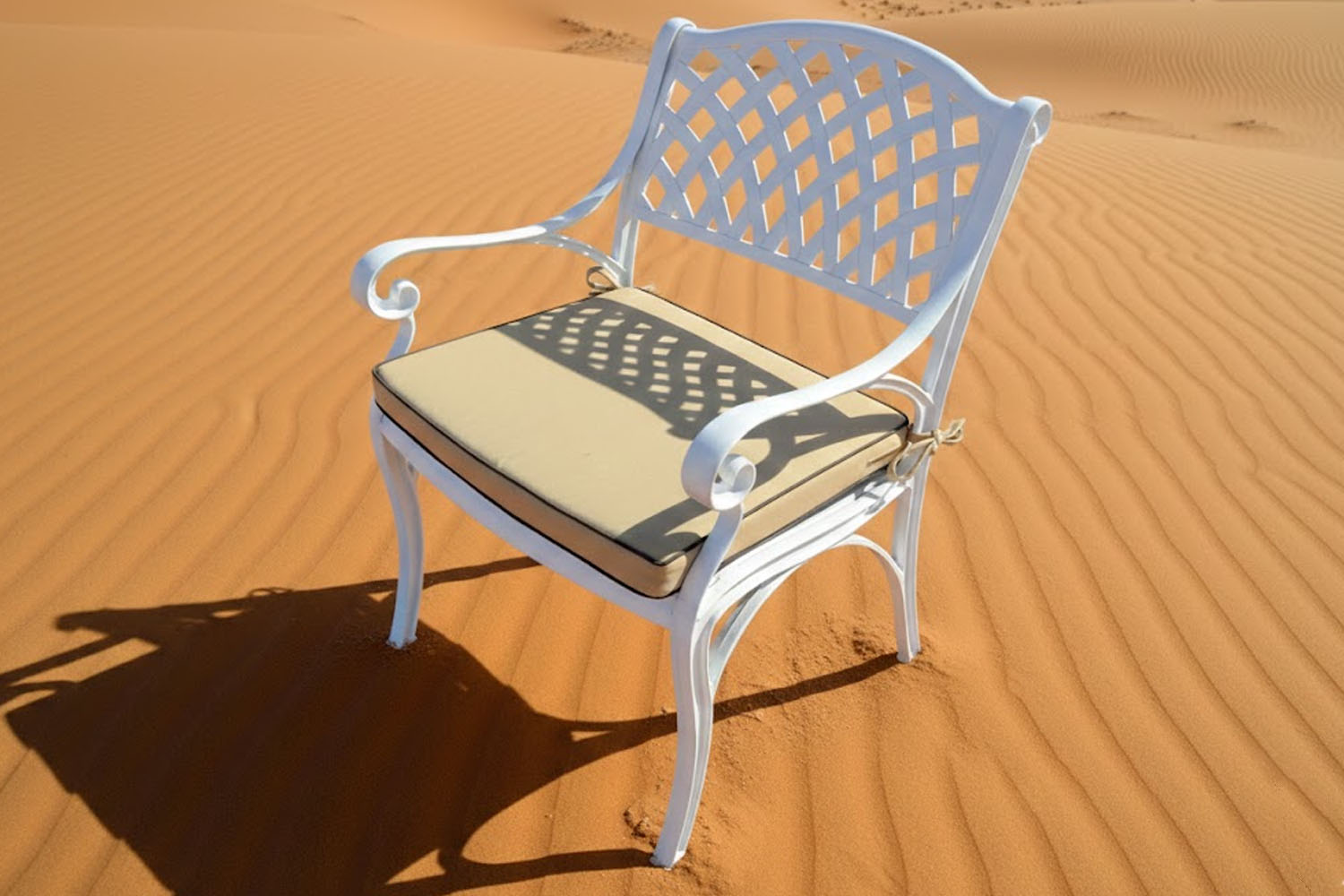 Aluminium-Atlas-Dining-Chair-White with beige cushion