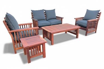 Solid Hardwood Teak 4 seater 5 Piece Set Special (x2 Morris 1 seaters, x1 2 seater, Coffee table & Side table) (including charcoal cushions)