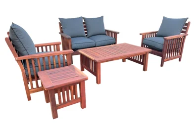 Solid Hardwood Teak 4 seater 5 Piece Set Special (x2 Morris 1 seaters, x1 2 seater, Coffee table & Side table) (including charcoal cushions)
