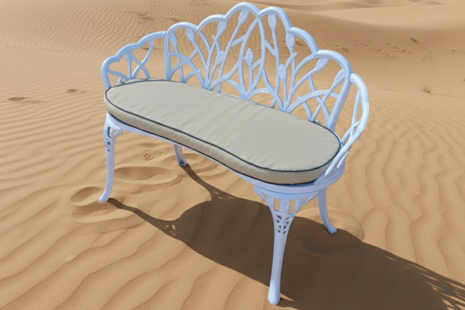 Aluminium-Tulip-Park-Bench-White-with-Beige-Cushion