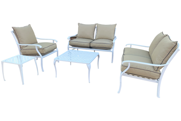 Aluminium 5 Piece 5 Seater Morris set White with Beige cushions