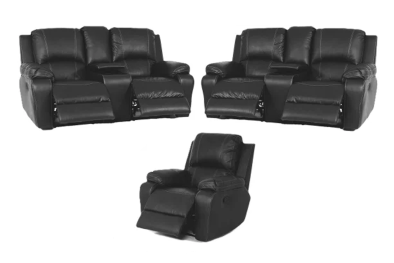 Black 3 Piece 5 Action + 2 Consoles Recliner Set