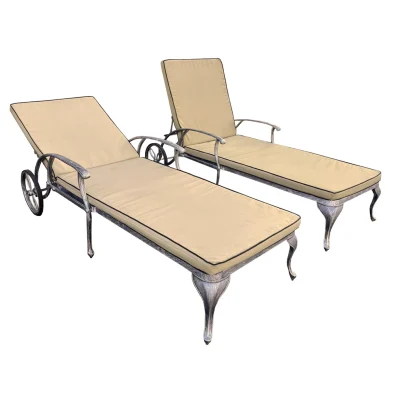Aluminium Silver Sun Lounger Set with Beige Cushions..