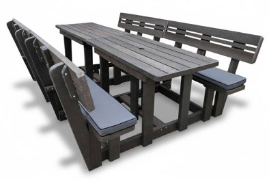 Picnic table 8 seater XL (2x4Str) plus backs (Recycled Plastic) with charcoal cushions
