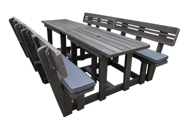 Picnic table 8 seater plus backs (RECYCLED PLASTIC) with charcoal cushions