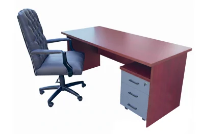 3 Piece Office Set Special (IQ Desk 1500, 1 Empire executive brown genuine leather button chair & Mobile pedestal) Royal Mahogany