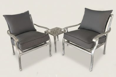 Aluminium 2 Seater 3 Piece Silver Chair Set With Charcoal Cushions