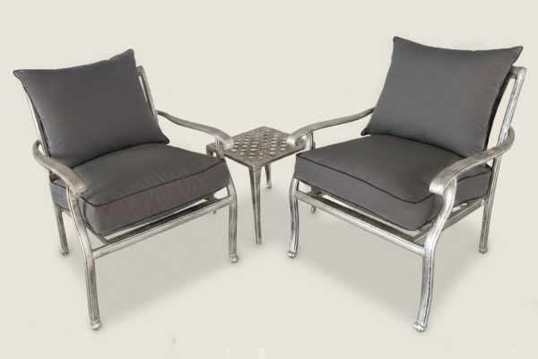 Aluminium 2 Seater 3 Piece Silver Chair Set With Charcoal Cushions