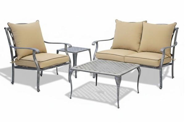 Aluminium 3 Seater 4 Piece Silver Couch Set With Beige Cushions