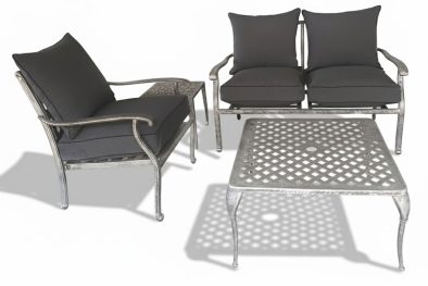 Aluminium 3 Seater 4 Piece Silver Couch Set With Charcoal Cushions