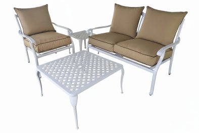 Aluminium 3 Seater 4 Piece White Couch Set With Beige Cushions