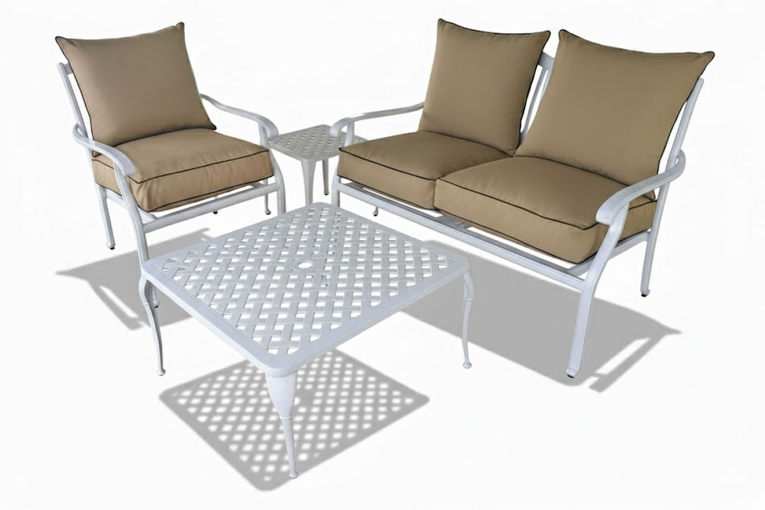 Aluminium 3 Seater 4 Piece White Couch Set With Beige Cushions