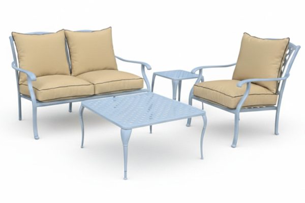 Aluminium 3 Seater 4 Piece White Couch Set With Beige Cushions