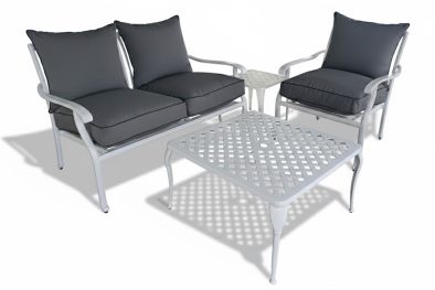 Aluminium 3 Seater 4 Piece White Couch Set With Charcoal Cushions