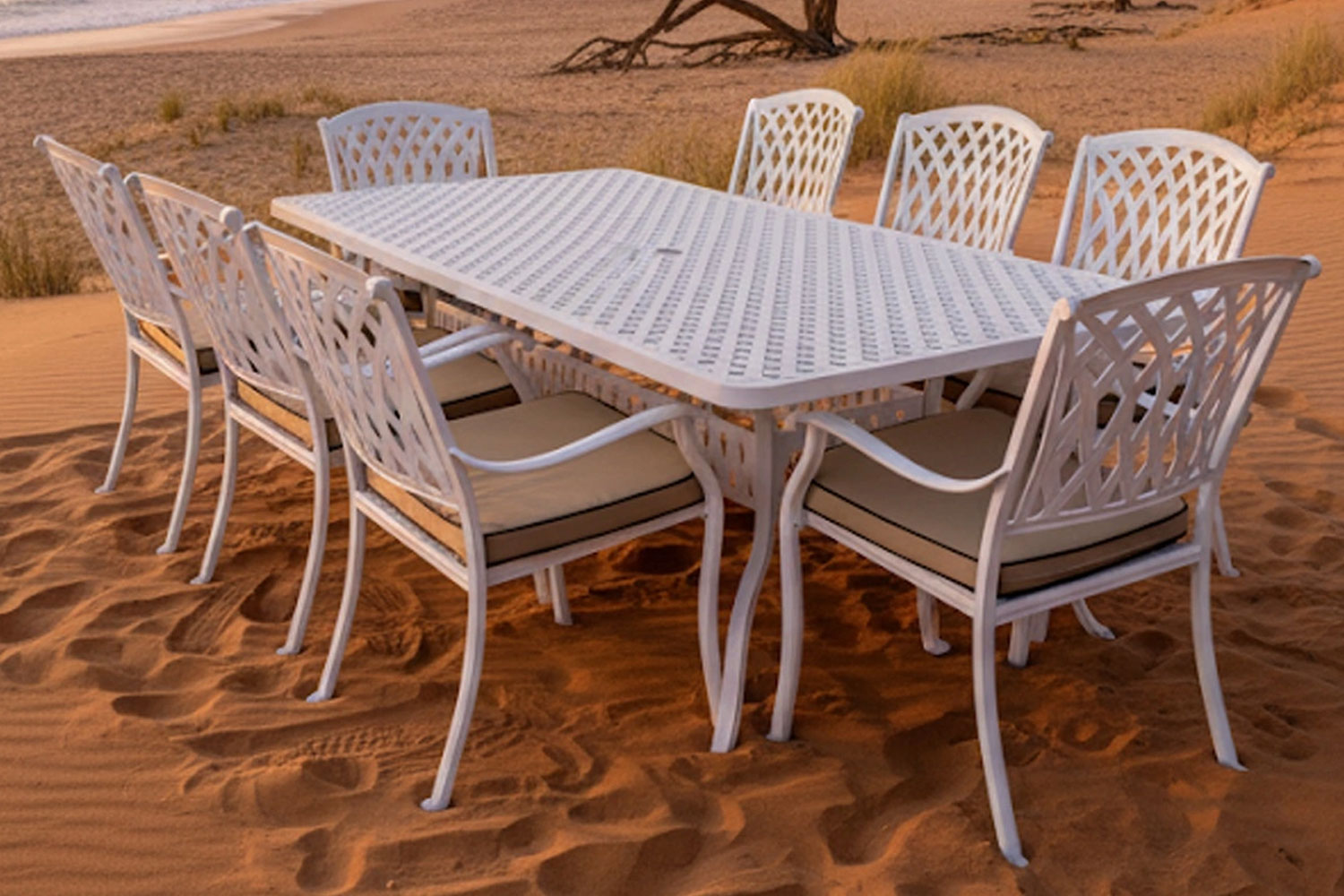 Aluminium Tuscan 8 Seater Dining Set White with Beige Cushions