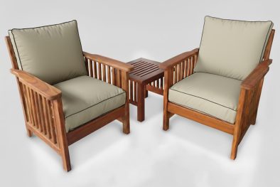 Solid Hardwood Teak 2 Seater 3 piece Couch Set (x2 Morris 1 seaters & Side table) (Including Beige Cushions)