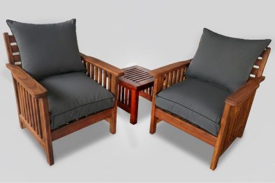 Solid Hardwood Teak 2 Seater 3 piece Couch Set (x2 Morris 1 seaters & Side table) (Including Charcoal Cushions) *Undercover Only*
