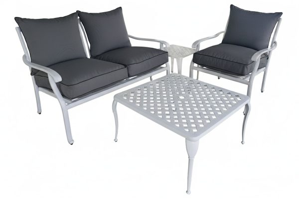 Aluminium 3 Seater 4 Piece White Couch Set With Charcoal Cushions