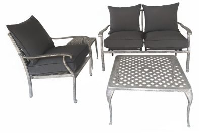 Aluminium 3 Seater 4 Piece Silver Couch Set With Charcoal Cushions