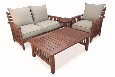 Solid Hardwood Teak 3 Seater 4 piece Couch Set (x1 Morris 1 seaters, x1 2 seater, Coffee table & Side table) (Including Beige Cushions) *Undercover Only