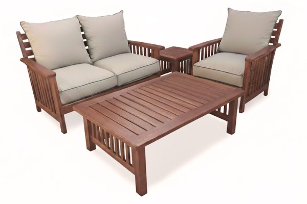 Solid Hardwood Teak 3 Seater 4 piece Couch Set (x1 Morris 1 seaters, x1 2 seater, Coffee table & Side table) (Including Beige Cushions) *Undercover Only