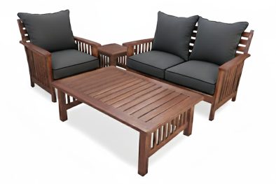 Solid Hardwood Teak 3 Seater 4 piece Couch Set (x1 Morris 1 seaters, x1 2 seater, Coffee table & Side table) (Including Charcoal Cushions) *Undercover Only (Copy)